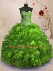 Beading and Ruffles Quince Ball Gowns Olive Green Lace Up Sleeveless With Train Sweep Train