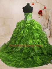 Beading and Ruffles Quince Ball Gowns Olive Green Lace Up Sleeveless With Train Sweep Train