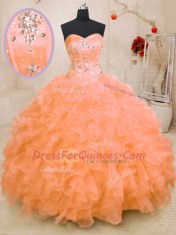 Orange Ball Gowns Organza Sweetheart Sleeveless Beading and Ruffles Floor Length Lace Up Quinceanera Gowns