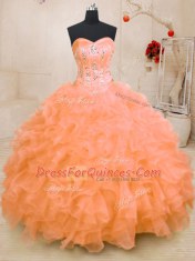 Orange Ball Gowns Organza Sweetheart Sleeveless Beading and Ruffles Floor Length Lace Up Quinceanera Gowns