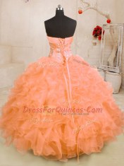 Orange Ball Gowns Organza Sweetheart Sleeveless Beading and Ruffles Floor Length Lace Up Quinceanera Gowns