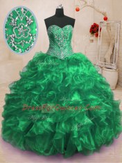 Affordable Sweep Train Ball Gowns Quince Ball Gowns Green Sweetheart Organza Sleeveless With Train Lace Up