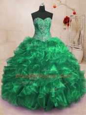 Affordable Sweep Train Ball Gowns Quince Ball Gowns Green Sweetheart Organza Sleeveless With Train Lace Up