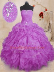 Fancy Floor Length Lace Up 15 Quinceanera Dress Purple for Military Ball and Sweet 16 and Quinceanera with Beading and Ruffles and Ruching