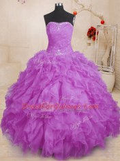 Fancy Floor Length Lace Up 15 Quinceanera Dress Purple for Military Ball and Sweet 16 and Quinceanera with Beading and Ruffles and Ruching