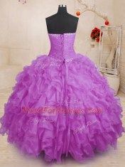 Fancy Floor Length Lace Up 15 Quinceanera Dress Purple for Military Ball and Sweet 16 and Quinceanera with Beading and Ruffles and Ruching