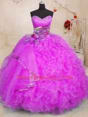 Elegant Fuchsia Sweetheart Neckline Beading and Ruffles Sweet 16 Dress Sleeveless Lace Up