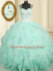 Floor Length Aqua Blue Quinceanera Dresses Organza Sleeveless Beading and Ruffles