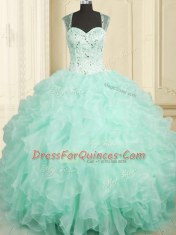 Floor Length Aqua Blue Quinceanera Dresses Organza Sleeveless Beading and Ruffles