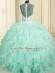 Floor Length Aqua Blue Quinceanera Dresses Organza Sleeveless Beading and Ruffles