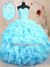 Custom Designed Baby Blue Ball Gowns Beading and Ruffles Sweet 16 Quinceanera Dress Lace Up Organza Sleeveless Floor Length