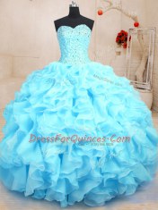 Custom Designed Baby Blue Ball Gowns Beading and Ruffles Sweet 16 Quinceanera Dress Lace Up Organza Sleeveless Floor Length