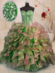 Sophisticated Sleeveless Organza Floor Length Lace Up 15th Birthday Dress in Multi-color with Beading and Ruffles