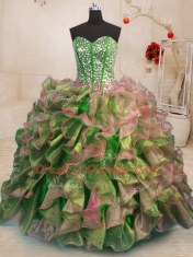 Sophisticated Sleeveless Organza Floor Length Lace Up 15th Birthday Dress in Multi-color with Beading and Ruffles