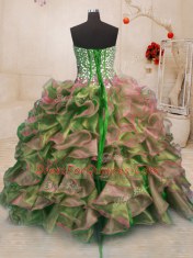 Sophisticated Sleeveless Organza Floor Length Lace Up 15th Birthday Dress in Multi-color with Beading and Ruffles