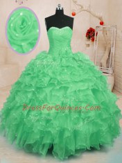 Green Sweetheart Neckline Beading and Ruffles and Hand Made Flower Quinceanera Dress Sleeveless Lace Up