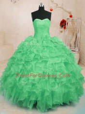 Green Sweetheart Neckline Beading and Ruffles and Hand Made Flower Quinceanera Dress Sleeveless Lace Up