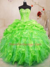Cheap Ball Gowns Organza Sweetheart Sleeveless Beading and Ruffles Floor Length Lace Up Quince Ball Gowns
