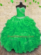 Fine Organza Sweetheart Sleeveless Lace Up Beading and Appliques and Ruffles and Ruching Quinceanera Gowns in Green