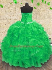 Fine Organza Sweetheart Sleeveless Lace Up Beading and Appliques and Ruffles and Ruching Quinceanera Gowns in Green