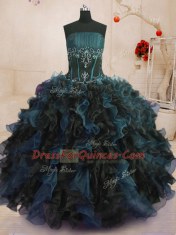 Latest Organza Strapless Sleeveless Lace Up Beading and Ruffles Quinceanera Dresses in Multi-color
