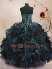 Latest Organza Strapless Sleeveless Lace Up Beading and Ruffles Quinceanera Dresses in Multi-color