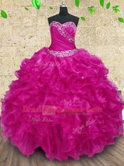 Unique Fuchsia Ball Gowns Beading and Ruffles and Ruching Sweet 16 Quinceanera Dress Lace Up Organza Sleeveless Floor Length