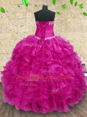 Unique Fuchsia Ball Gowns Beading and Ruffles and Ruching Sweet 16 Quinceanera Dress Lace Up Organza Sleeveless Floor Length