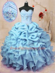 Superior Pick Ups Baby Blue Sleeveless Organza Lace Up Vestidos de Quinceanera for Military Ball and Sweet 16 and Quinceanera