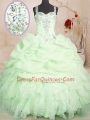 Deluxe Yellow Green Sweet 16 Dress Military Ball and Sweet 16 and Quinceanera and For with Beading and Ruffles and Pick Ups Straps Sleeveless Zipper