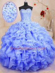 High Class Lavender Ball Gowns Beading and Ruffles Sweet 16 Dresses Lace Up Organza Sleeveless Floor Length