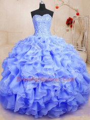 High Class Lavender Ball Gowns Beading and Ruffles Sweet 16 Dresses Lace Up Organza Sleeveless Floor Length