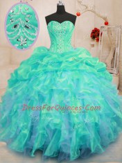 Turquoise Organza Lace Up Sweet 16 Quinceanera Dress Sleeveless Floor Length Beading and Ruffles