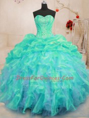 Turquoise Organza Lace Up Sweet 16 Quinceanera Dress Sleeveless Floor Length Beading and Ruffles