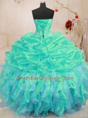 Turquoise Organza Lace Up Sweet 16 Quinceanera Dress Sleeveless Floor Length Beading and Ruffles