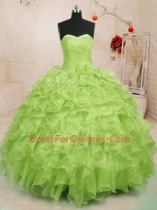 Stylish Yellow Green Organza Lace Up Quinceanera Dress Sleeveless Floor Length Beading and Ruffles and Hand Made Flower