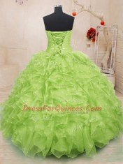 Stylish Yellow Green Organza Lace Up Quinceanera Dress Sleeveless Floor Length Beading and Ruffles and Hand Made Flower