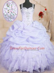 Lavender Ball Gowns Organza Straps Sleeveless Beading and Ruffles and Pick Ups Floor Length Zipper Sweet 16 Quinceanera Dress