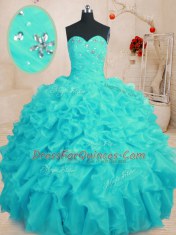 Captivating Aqua Blue Organza Lace Up Sweetheart Sleeveless Floor Length Sweet 16 Quinceanera Dress Beading and Ruffles