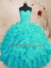 Captivating Aqua Blue Organza Lace Up Sweetheart Sleeveless Floor Length Sweet 16 Quinceanera Dress Beading and Ruffles