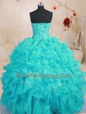 Captivating Aqua Blue Organza Lace Up Sweetheart Sleeveless Floor Length Sweet 16 Quinceanera Dress Beading and Ruffles