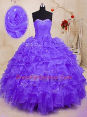 Purple Lace Up Sweetheart Beading and Ruffles and Hand Made Flower Quince Ball Gowns Organza Sleeveless