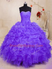 Purple Lace Up Sweetheart Beading and Ruffles and Hand Made Flower Quince Ball Gowns Organza Sleeveless