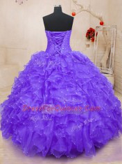 Purple Lace Up Sweetheart Beading and Ruffles and Hand Made Flower Quince Ball Gowns Organza Sleeveless