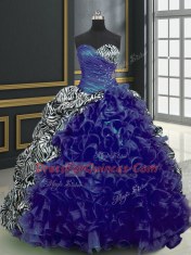 Blue Organza and Printed Lace Up Sweetheart Sleeveless With Train Sweet 16 Dress Beading and Ruffles and Pattern