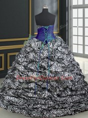 Blue Organza and Printed Lace Up Sweetheart Sleeveless With Train Sweet 16 Dress Beading and Ruffles and Pattern