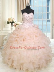 Suitable Peach Sleeveless Floor Length Beading and Ruffles Lace Up Vestidos de Quinceanera