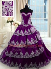 Ruffled With Train Ball Gowns Sleeveless Purple Ball Gown Prom Dress Court Train Lace Up