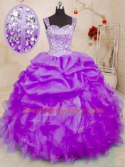 Fine Purple Sleeveless Floor Length Beading and Ruffles and Pick Ups Lace Up Quinceanera Dress