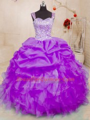 Fine Purple Sleeveless Floor Length Beading and Ruffles and Pick Ups Lace Up Quinceanera Dress